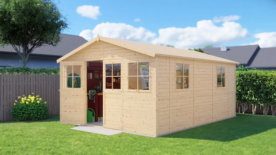 Gartenhaus Freital 03 mit Satteldach, Elementbauweise, Naturbelassen, 3,5 x 4,7 Meter, geräumiges Gerätehaus, einfacher Aufbau, Holz-Gartenhaus