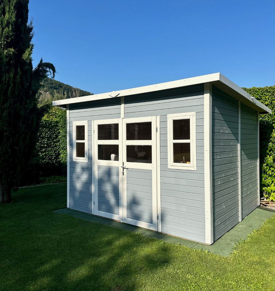 Gerätehaus Freiberg 04 inkl. Fußboden, Hellgrau lackiert - 19 mm Elementgartenhaus, Nutzfläche: 7,15 m², Pultdach