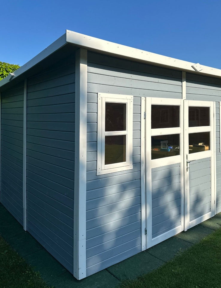 Gerätehaus Freiberg 04 inkl. Fußboden, Hellgrau lackiert - 19 mm Elementgartenhaus, Nutzfläche: 7,15 m², Pultdach