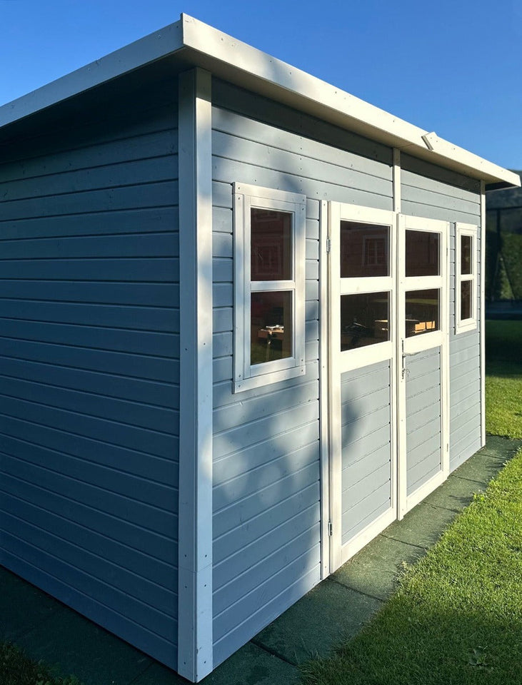 Gerätehaus Freiberg 04 inkl. Fußboden, Hellgrau lackiert - 19 mm Elementgartenhaus, Nutzfläche: 7,15 m², Pultdach