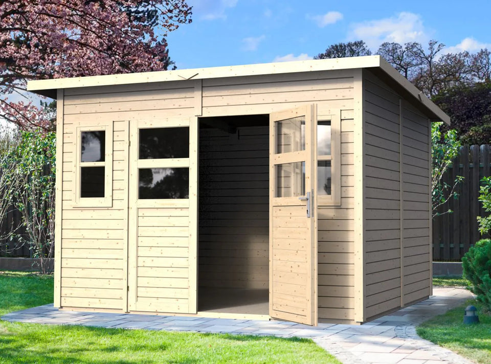 Gerätehaus Freiberg 04 inkl. Fußboden, Naturbelassen - 19 mm Elementgartenhaus, Nutzfläche: 7,15 m², Pultdach