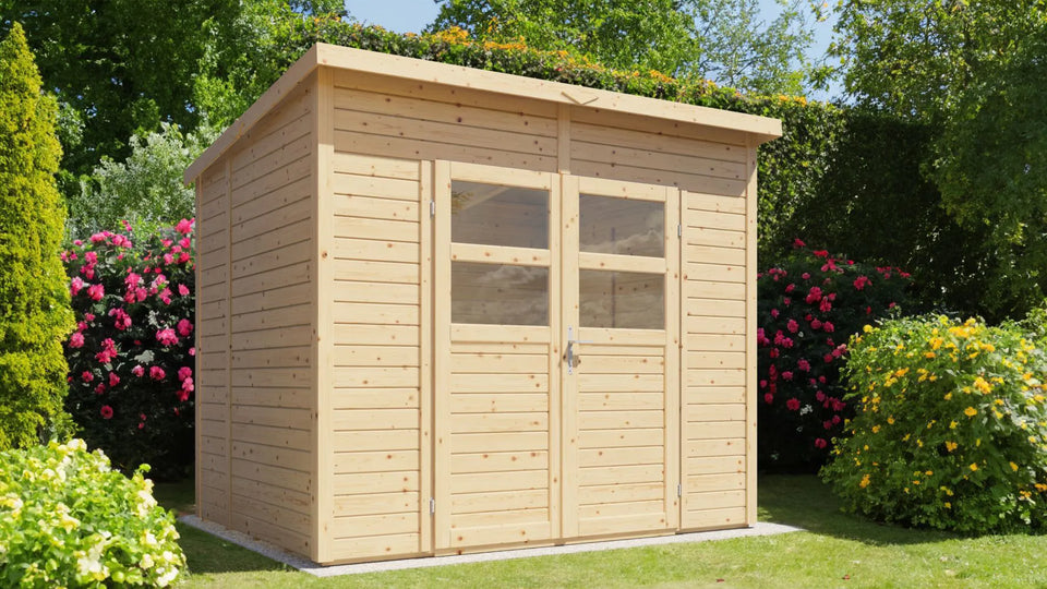 Gerätehaus Freiberg 02 inkl. Fußboden, Naturbelassen - 19 mm Elementgartenhaus, Nutzfläche: 4,31 m², Pultdach