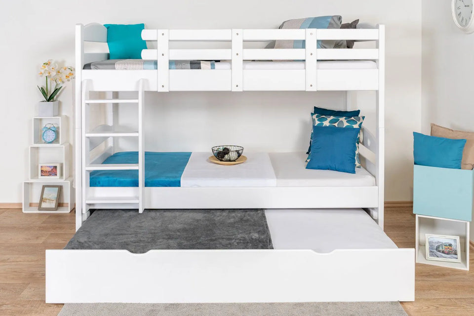 Stockbett für Erwachsene "Easy Premium Line" K18/h inkl. Liegeplatz und 2 Abdeckblenden, Kopfteil mit Löchern, Buche Vollholz massiv Weiß - Liegefläche: 90 x 200 cm, teilbar