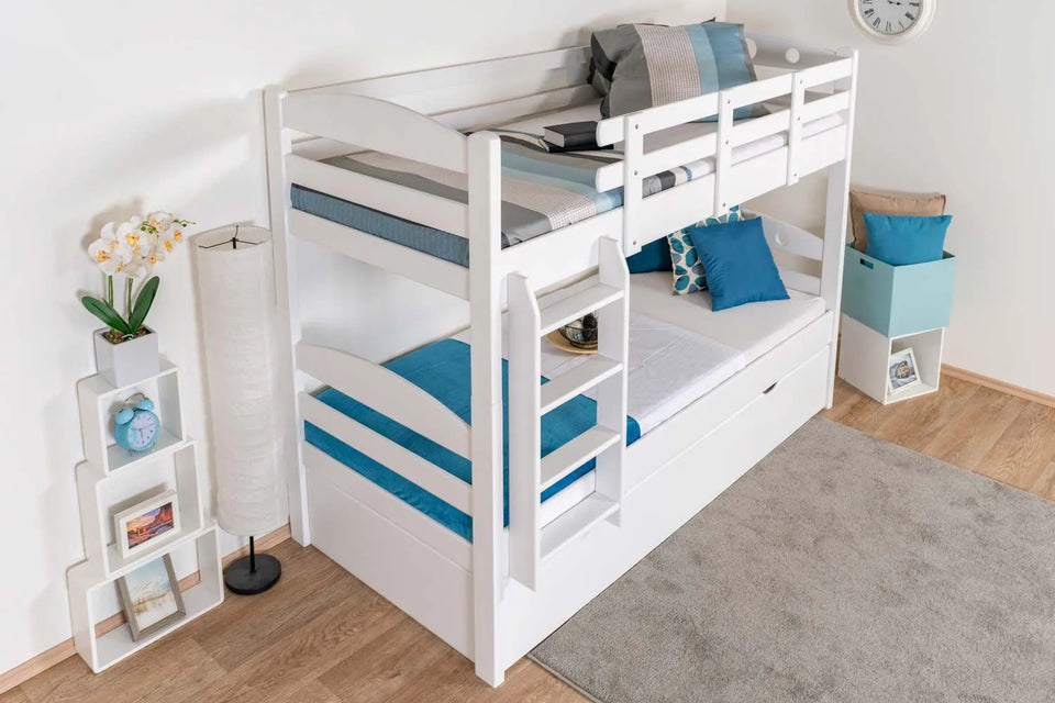 Stockbett für Erwachsene "Easy Premium Line" K18/h inkl. Liegeplatz und 2 Abdeckblenden, Kopfteil mit Löchern, Buche Vollholz massiv Weiß - Liegefläche: 90 x 200 cm, teilbar