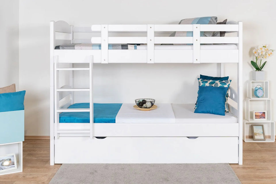 Stockbett für Erwachsene "Easy Premium Line" K18/h inkl. Liegeplatz und 2 Abdeckblenden, Kopfteil mit Löchern, Buche Vollholz massiv Weiß - Liegefläche: 90 x 200 cm, teilbar