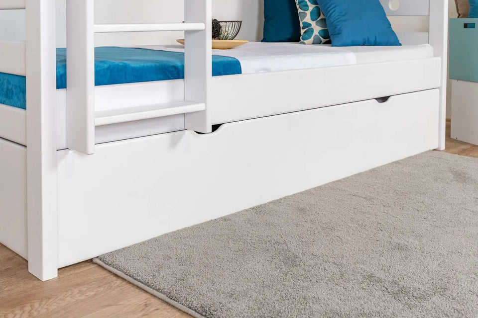 Stockbett für Erwachsene "Easy Premium Line" K18/h inkl. Liegeplatz und 2 Abdeckblenden, Kopfteil mit Löchern, Buche Vollholz massiv Weiß - Liegefläche: 90 x 200 cm, teilbar