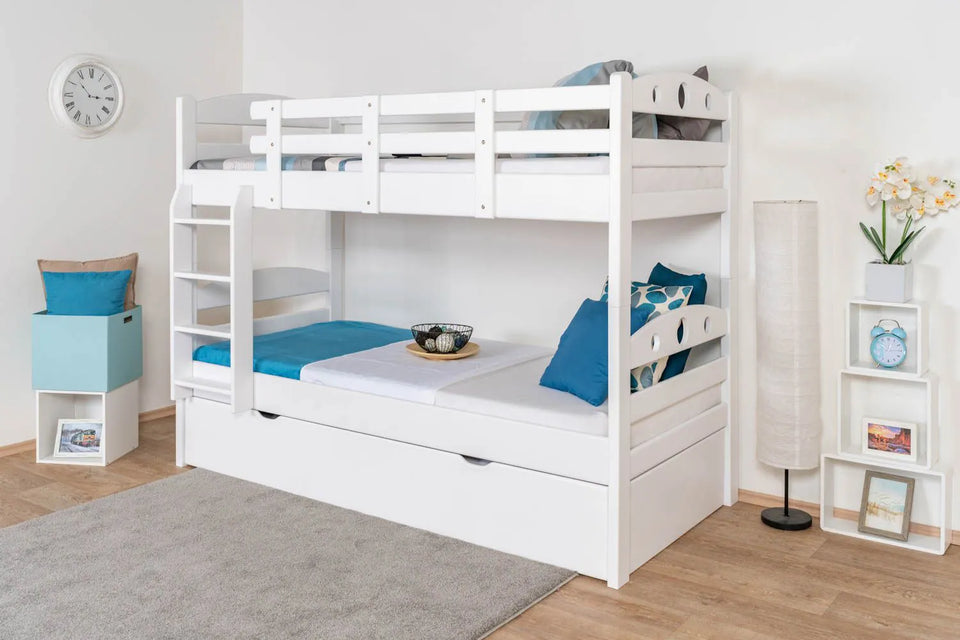 Stockbett für Erwachsene "Easy Premium Line" K18/h inkl. Liegeplatz und 2 Abdeckblenden, Kopfteil mit Löchern, Buche Vollholz massiv Weiß - Liegefläche: 90 x 200 cm, teilbar