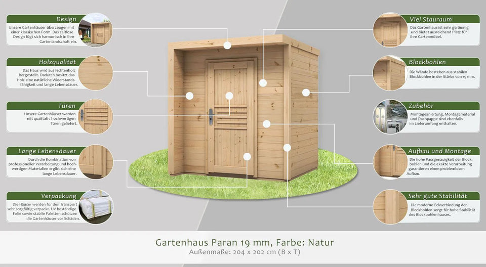 Gartenhaus Paran 19 mm, Farbe: Natur - Außenmaße (B x T): 204 x 202 cm