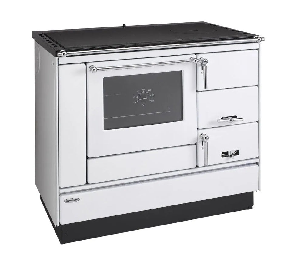 Festbrennstoff - Herd Typ 9100 mit Stahlplatte gussgrau und Backrohr - Ausführung: Weiß links mit verchromten Griffen