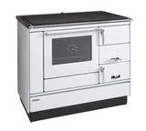 Festbrennstoff - Herd Typ 9100 mit Stahlplatte gussgrau und Backrohr - Ausführung: Weiß links mit verchromten Griffen