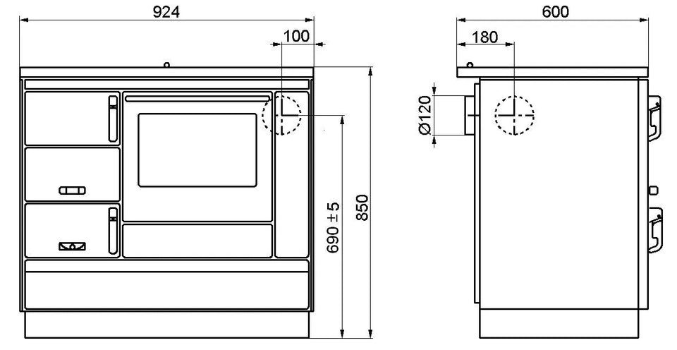 Festbrennstoff - Herd Typ 9100 mit Stahlplatte gussgrau und Backrohr - Ausführung: Weiß links mit verchromten Griffen