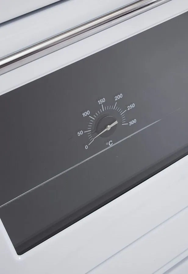 Festbrennstoff - Herd Typ 9100 mit Stahlplatte gussgrau und Backrohr - Ausführung: Weiß links mit verchromten Griffen