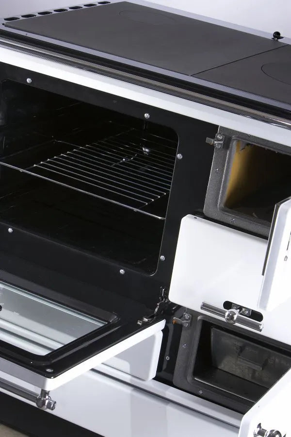 Festbrennstoff - Herd Typ 9100 mit Stahlplatte gussgrau und Backrohr - Ausführung: Weiß links mit verchromten Griffen