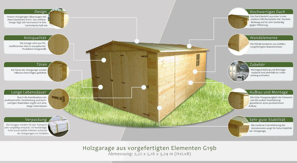 Holzgarage aus vorgefertigten Elementen G19b - H222xL516xB324