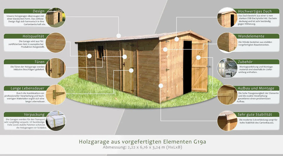 Holzgarage aus vorgefertigten Elementen G19a - H222xL616xB324