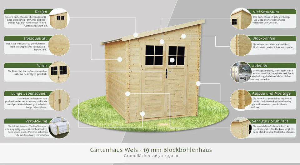 Gartenhaus Wels - 2,65 x 1,90 Meter aus 19 mm Blockbohlenhaus