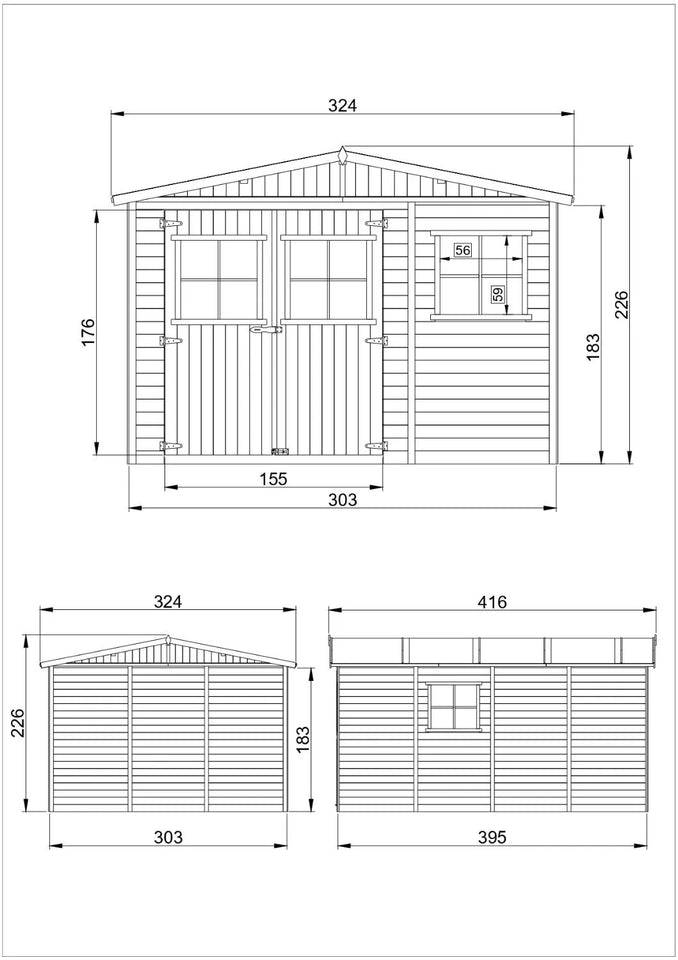 Blockbohlen Gartenhaus Genf mit Satteldach - L: 400 cm x B: 300 cm - inkl. Dachpappe