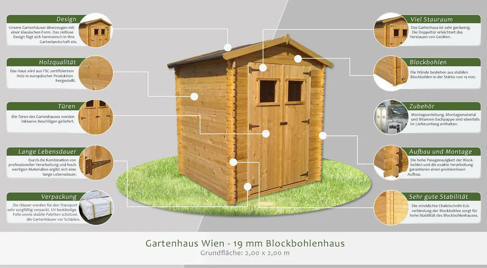 Blockbohlen Gartenhaus 19 mm Wien - L: 200 cm x B: 200 cm - inkl. Dachpappe