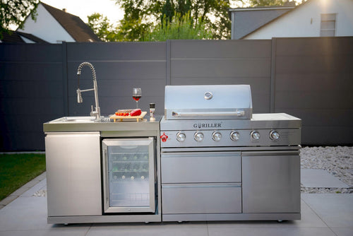 GORILLER® SILVERBACK S1 Outdoor-Küche, Gasgrill mit Kühlschrank-Waschbecken-Kombination, Edelstahl, Silber