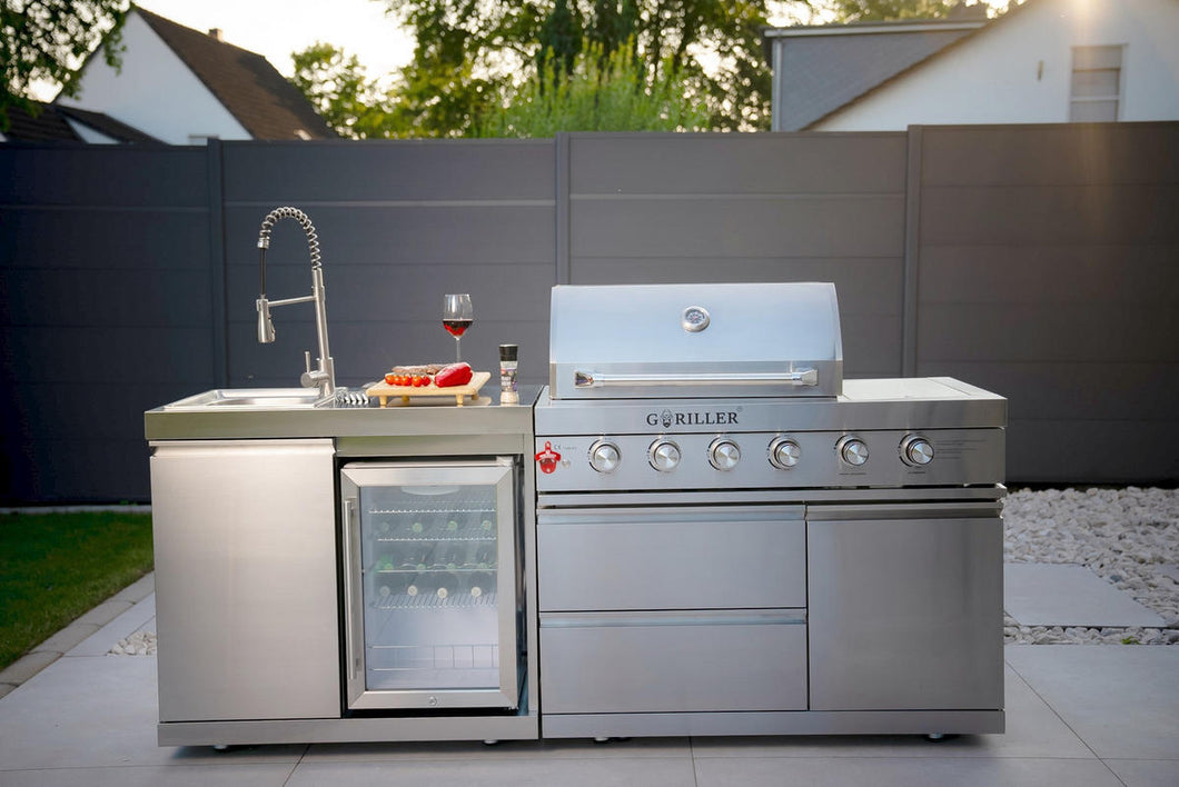GORILLER® SILVERBACK S1 Outdoor-Küche, Gasgrill mit Kühlschrank-Waschbecken-Kombination, Edelstahl, Silber